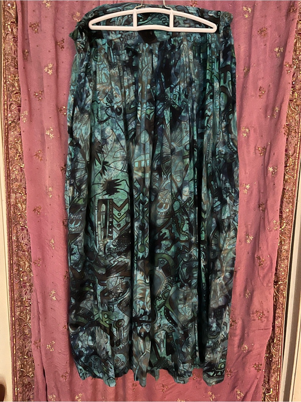 Abstract Teal and Black Maxi Skirt with Soft Drape